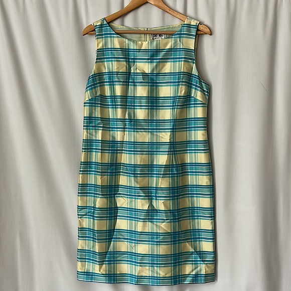 Bob Mackie Dresses & Skirts - Bob Mackie Studio 💯% Silk Yellow/Blue Plaid Sleeveless Sheath Dress **Size 10**